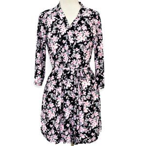 René Rofé Sleepwear Robe Kimono Housecoat ¾ Sleeve Stretch Black Pink Floral M
